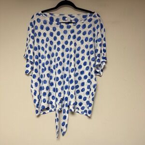 Chico's Linen Tie Front Top Womens XL 3 Blue Polka Dot Excellent Short Sleeve